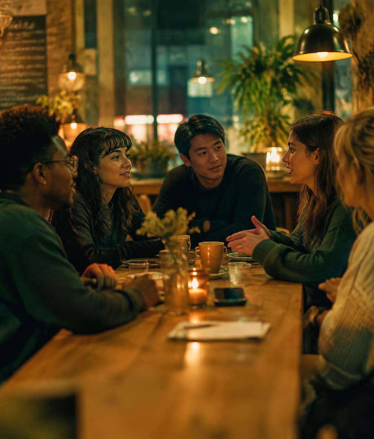 A small group deep in conversation at a café table in the evening